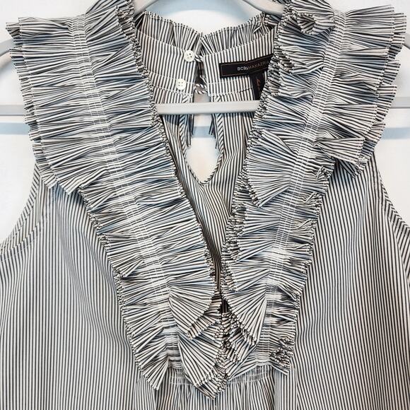 Bcbgmaxazria Ruffle Neck Sleeveless Blouse Size M Gray Stripe Stretch Avant Chic - Picture 3 of 10